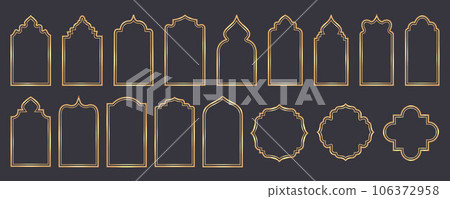 Ramadan window frame shapes. Islamic golden arches. Muslim mosque elements of architecture with ornament. Turkish gates and doors set. Vector 106372958