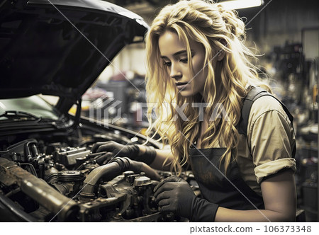 Blond young woman in an auto repair shop examines the engine of a broken automobile, made with generative ai 106373348