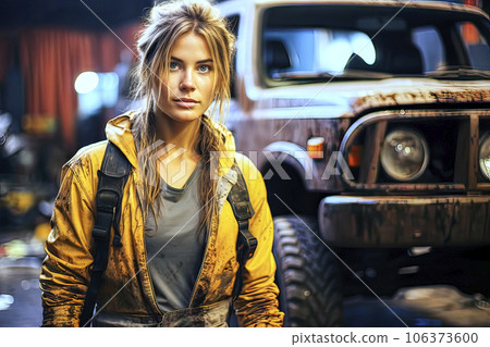 Young blonde woman with dirty protective clothing and backpack in front of a dirty SUV, made with generative ai 106373600