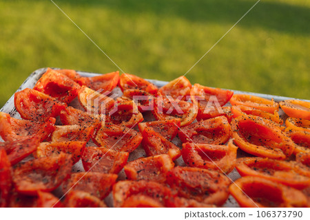 Sun-dried tomatoes on a baking tray. Fresh tomatoes sprinkled with aromatic seasonings. High quality photo Sun-dried tomatoes on a baking tray. Fresh tomatoes sprinkled with aromatic seasonings. High quality photo 106373790
