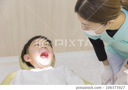 牙科保健員與張開嘴的孩子在牙醫牙科檢查治療中交談 106373927
