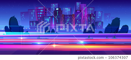 Night neon city light on speed car road vector 106374307