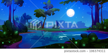 Moon in night sky above forest lake background 106374311