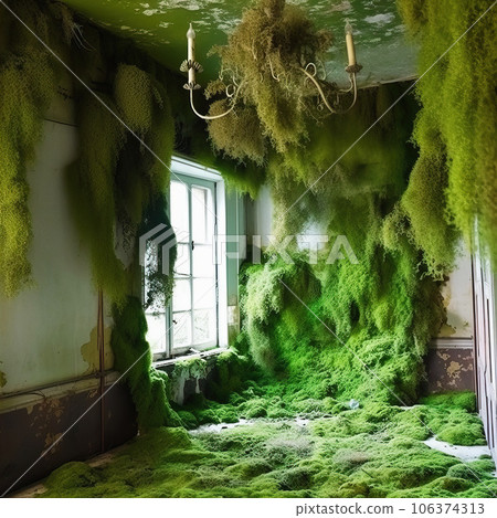 Interior of abandoned overgrown house. 106374313