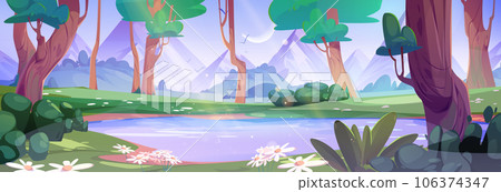 Dawn in forest with mountain view vector landscape Dawn in forest with mountain view vector landscape 106374347