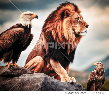 Lion and eagle in nature. Lion and eagle in nature. 106374365