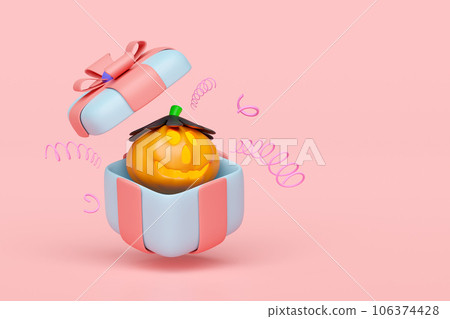 3d halloween holiday party with pumpkin, hat, explosion firecracker gift box isolated on pink background. 3d render illustration 106374428