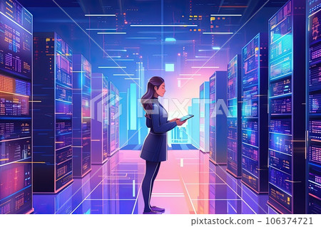 Image of a young woman standing In warehouse, activates servers, information digitalization starts. 106374721