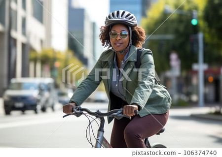A middle aged beautiful African American woman riding a bicycle on a road in a city street. A middle aged beautiful African American woman riding a bicycle on a road in a city street. 106374740