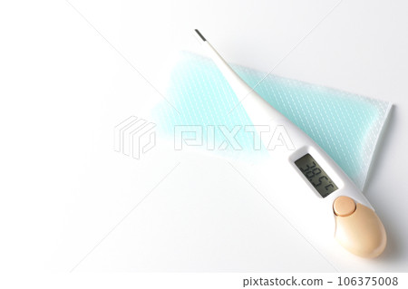 Photograph of the thermometer and cooling sheet against a white background 106375008