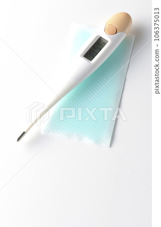 Photograph of the thermometer and cooling sheet against a white background Photograph of the thermometer and cooling sheet against a white background 106375013