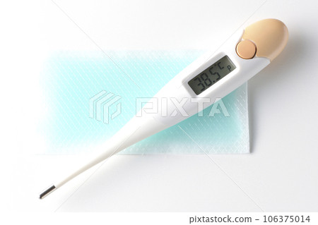 Photograph of the thermometer and cooling sheet against a white background 106375014