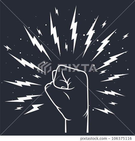 Fist hand up with thunder lightning bolts around, power gesture, vector 106375116