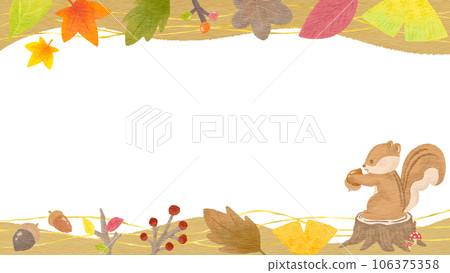 Japanese style autumn plants and squirrel background frame, textured colored pencil/crayon hand-drawn illustration 106375358