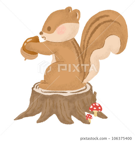 Cute chipmunk holding an acorn on a stump, textured colored pencil and crayon hand-drawn illustration 106375400