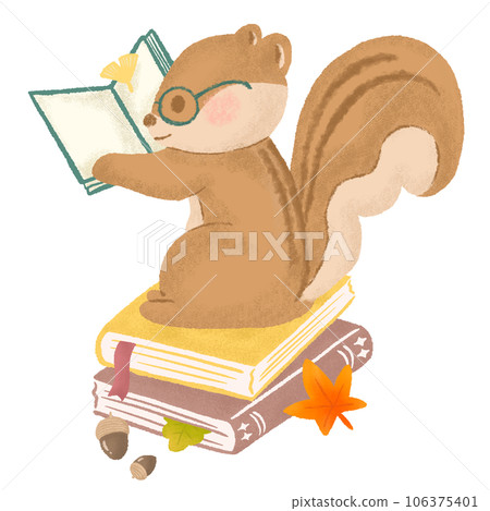 一隻戴眼鏡的松鼠正在讀書（讀書中的秋天），這是一幅手繪的紋理彩色鉛筆插圖 106375401