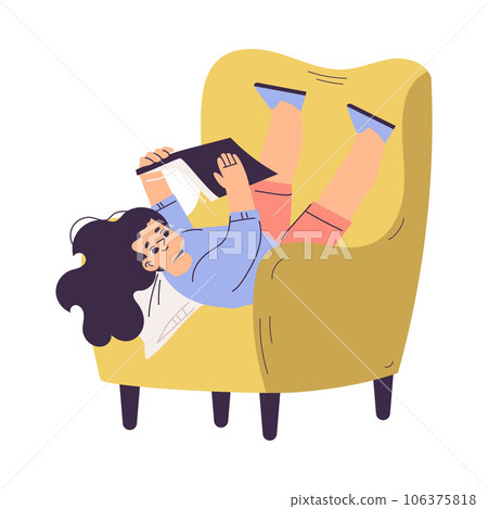 Little Girl with Open Book Lying on Armchair Reading Interested with Story Vector Illustration 106375818
