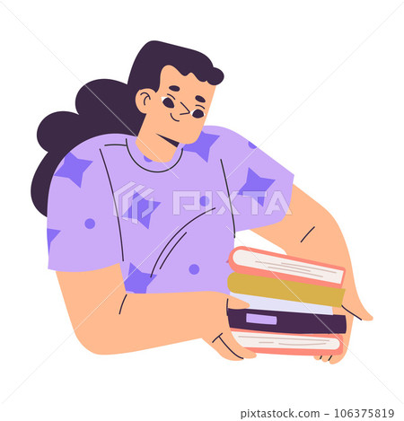 Little Girl with Pile of Book for Reading Vector Illustration 106375819