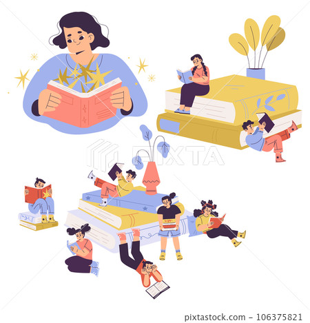 Children with Books Reading Interested with Story Vector Set 106375821