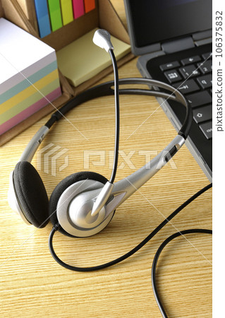 sticky note, computer and headset sticky note, computer and headset 106375832