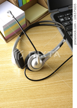 sticky note, computer and headset sticky note, computer and headset 106375835
