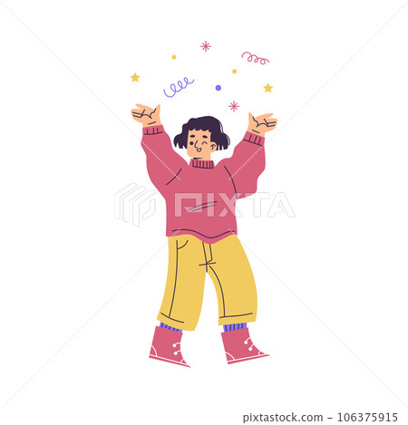 Cute Girl at Happy Birthday Party with Confetti Celebrating Holiday Vector Illustration Cute Girl at Happy Birthday Party with Confetti Celebrating Holiday Vector Illustration 106375915