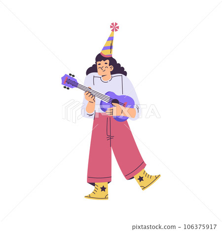 Cute Girl at Happy Birthday Party in Cone Hat with Guitar Celebrating Holiday Vector Illustration Cute Girl at Happy Birthday Party in Cone Hat with Guitar Celebrating Holiday Vector Illustration 106375917