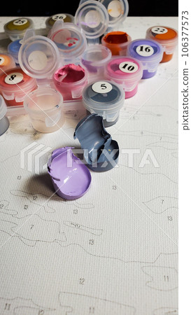 set for painting with acrylic paints on canvas as a creative hobby. set for painting with acrylic paints on canvas as a creative hobby. 106377573