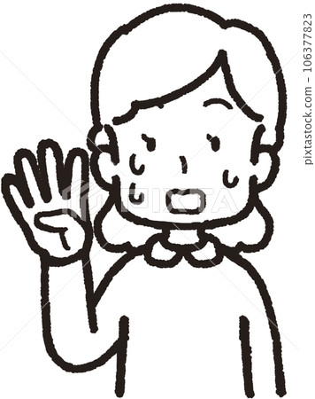 Upper body line drawing illustration of a woman sweating and panicking with four fingers on her right hand 106377823