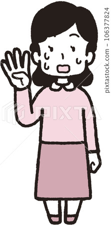 一名女子右手四根手指出汗、驚慌失措的全身插圖 106377824
