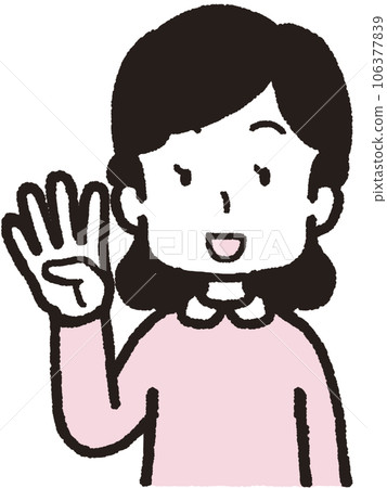 Full body illustration of a woman laughing with four fingers on her right hand 106377839