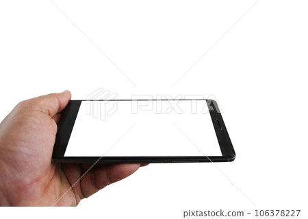 hand holding black cell phone smartphone with blank white screen and modern design isolated on white background. Mockup phone 106378227