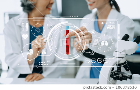 Scientist two woman with tablet and laptop, laboratory and ecofriendly science. Agriculture, research and scientists with online reading, test samples for global warming, analytics and tech.. 106378530