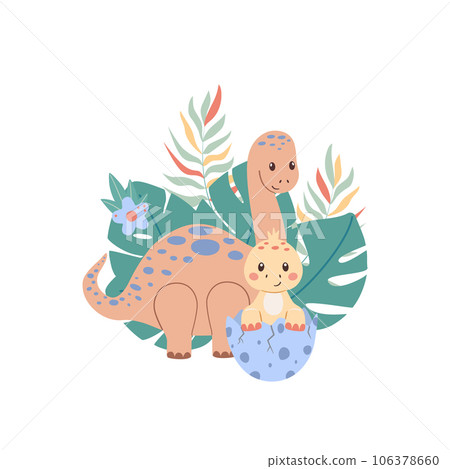 Dinosaur and baby dinosaur in egg. Funny cute childish vector illustration for design and print. 106378660
