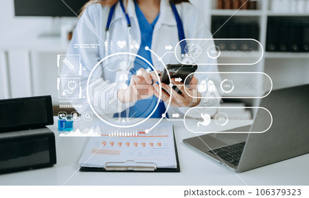 health care business graph data and growth, Medical examination and doctor analyzing medical report network connection on tablet screen. . health care business graph data and growth, Medical examination and doctor analyzing medical report network connection on tablet screen. . 106379323