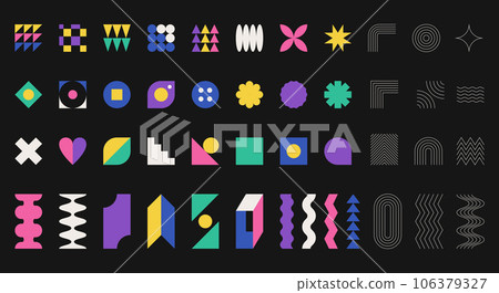 Collection of abstract geometric shapes and linear objects. Design elements in style of brutalism, Swiss minimalism, Bauhaus. Simple flat and outline decorative objects. Color isolated vector shapes 106379327