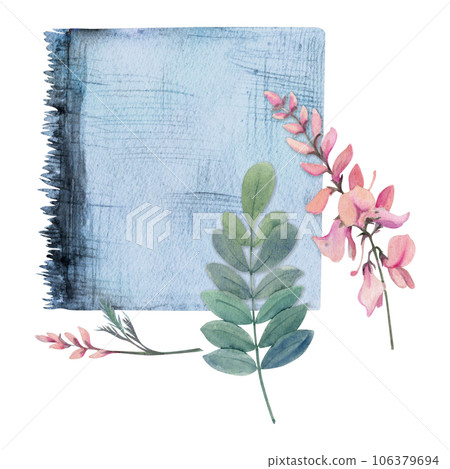 Hand drawn watercolor indigo coloring natural plant dye and materials for hobby, handmade fabric. Illustration isolated composition, white background. Shop logo, print, website, business card, booklet 106379694