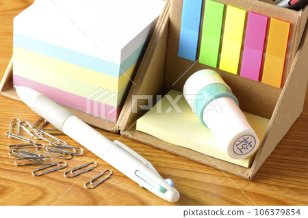Sticky notes, clips, stamps and pens Sticky notes, clips, stamps and pens 106379854