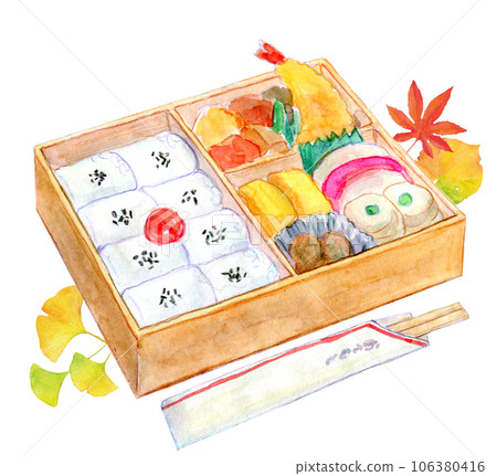 水彩插圖秋季旅遊午餐盒幕之內午餐盒秋季圖像 106380416