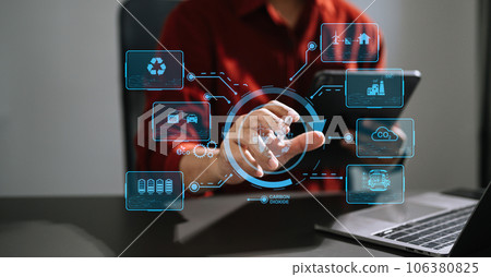 Business working with reduce CO2 concept with icons, global warming such as reforest green factory recycle and zero carbon dioxide emission concept. with VR icon at office.. Business working with reduce CO2 concept with icons, global warming such as reforest green factory recycle and zero carbon dioxide emission concept. with VR icon at office.. 106380825