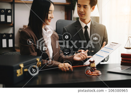business people and lawyers discussing contract papers sitting at the table. Concepts of law, advice, legal services. 106380965
