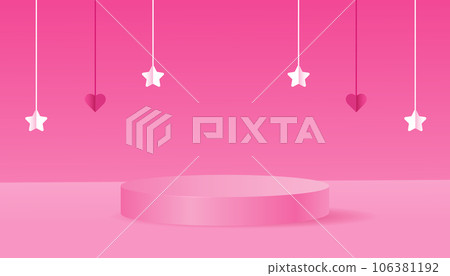 Background gradient pink with a podium and a minimal scene on the wall. Pink background in doll style. Stage for the doll. Vector Background gradient pink with a podium and a minimal scene on the wall. Pink background in doll style. Stage for the doll. Vector 106381192