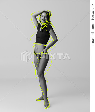 Full-length of slim young woman in underwear. Getting in health beautiful shape. Doodles over body. Weight loss concept 106381296