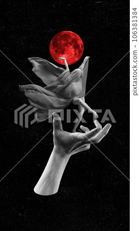 Revealing deep spirit. Tender woman in transparent cloth dancing under red full moon on black background. Contemporary art collage. 106381384