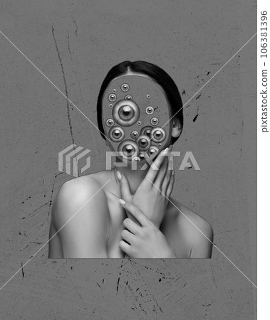 Tender faceless woman with many eyes on head. Black and white image. Witches and magic. Contemporary art collage. Tender faceless woman with many eyes on head. Black and white image. Witches and magic. Contemporary art collage. 106381396