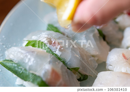 將檸檬擠在黑鯛魚握壽司上 將檸檬擠在黑鯛魚握壽司上 106381410