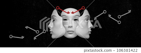 Young woman with many splitting faces. Black and white image. Inner self witch. Contemporary art collage. 106381422