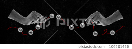 Black and white image of human hands holding red thread with eyes. Contemporary art collage. Black and white image of human hands holding red thread with eyes. Contemporary art collage. 106381426