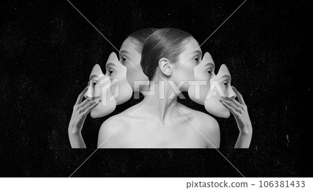 Split of personality. Young woman with many faces. Black and white image. Spirit. Contemporary art collage. 106381433