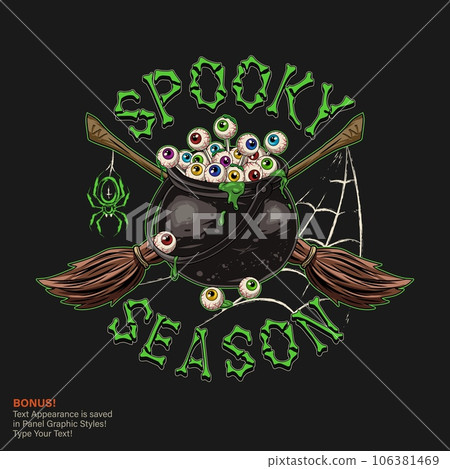 Label with witchy cauldron full of colorful eyeballs with green goo, mucus, slime, criss crossed brooms, grunge silhouette of spider, spider web, bone text. Text graphic style included 106381469